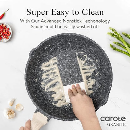 CAROTE 12 Inch Nonstick Deep Frying Pan with Lid, 5.5 Qt Jumbo Cooker Saute Pan with Pour Spout, Skillet Induction Cookware, Non Stick Cooking Pan PFOA Free, Classic Granite - Image 5