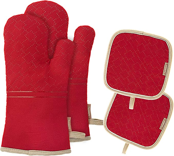 4Pcs Oven Mitts and Pot Holders Set, 572F Heat Resistant Oven Glove, Soft Cotton Lining with Non-Slip Surface for Kitchen Baking BBQ (Red) by Tormays