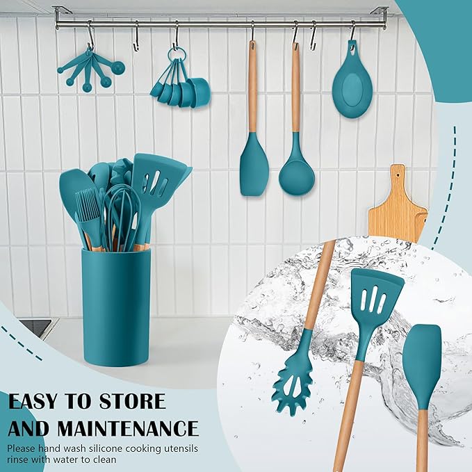 HaWare Kitchen Cooking Utensils Set, 23-Piece Silicone Kitchen Utensils Spatula Set with Holder, Heat Resistant Wooden Handle Kitchen Gadget for Nonstick Cookware, Food-grade Turner Spoon Sets (Blue) - Image 7