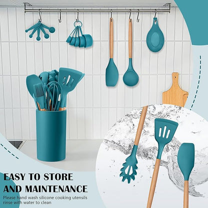 HaWare Kitchen Cooking Utensils Set, 23-Piece Silicone Kitchen Utensils Spatula Set with Holder, Heat Resistant Wooden Handle Kitchen Gadget for Nonstick Cookware, Food-grade Turner Spoon Sets (Blue) - Image 7