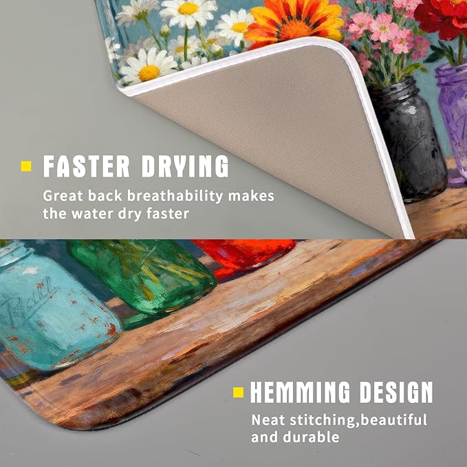 Small Dish Drying Mat for Kitchen Counter 16x18, Spring Summer Floral Decorative Absorbent Reversible Microfiber Kitchen Countertop Protector Dishes Drainer Pad - Image 3