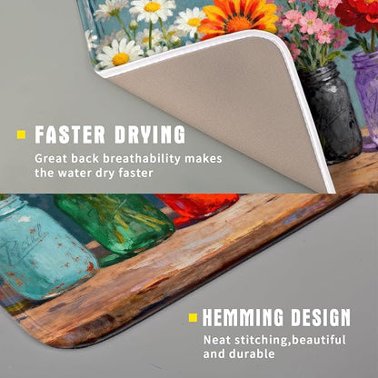 Small Dish Drying Mat for Kitchen Counter 16x18, Spring Summer Floral Decorative Absorbent Reversible Microfiber Kitchen Countertop Protector Dishes Drainer Pad - Image 3