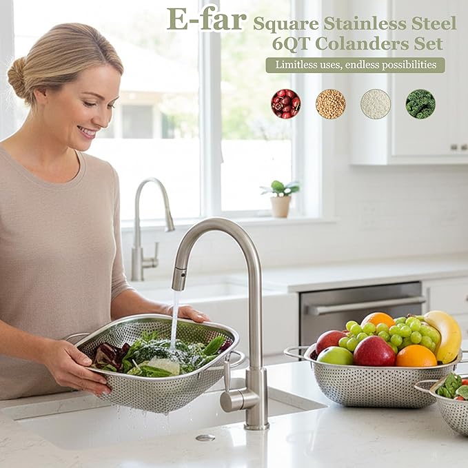 E-far 6QT Stainless Steel Colander with Handle - Square Metal Kitchen Strainer for Pasta & Vegetable Draining, Micro-Perforated & Elevated Feet, Dishwasher Safe - Image 7
