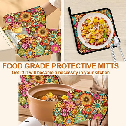 Mandala Flower Pattern Oven Gloves and Hot Pads Set - Heatproof Hand Protection for Baking, Grilling, Cooking 4Pcs