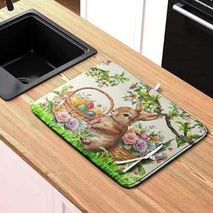 Easter Egg Bunny Dish Drying Mat for Kitchen Counter Floral Flower Basket Drying Mats Absorbent Dish Pad Spring Summer Holiday Medium Dish Draining Mat 18x24 inch - Image 6