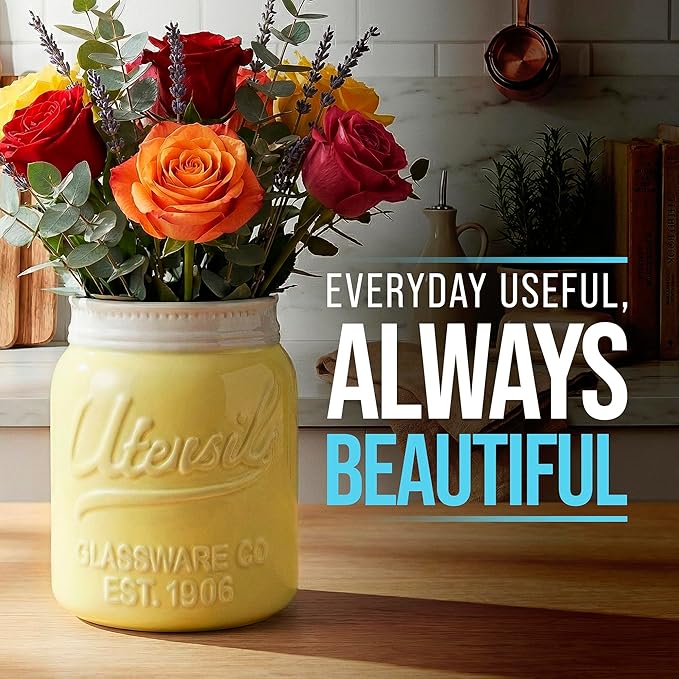 Comfify Wide Mouth Mason Jar Utensil Holder Decorative Kitchenware Organizer Crock, Dishwasher Safe - Kitchen Caddy Green, Large Size 7" High - Yellow - Image 6