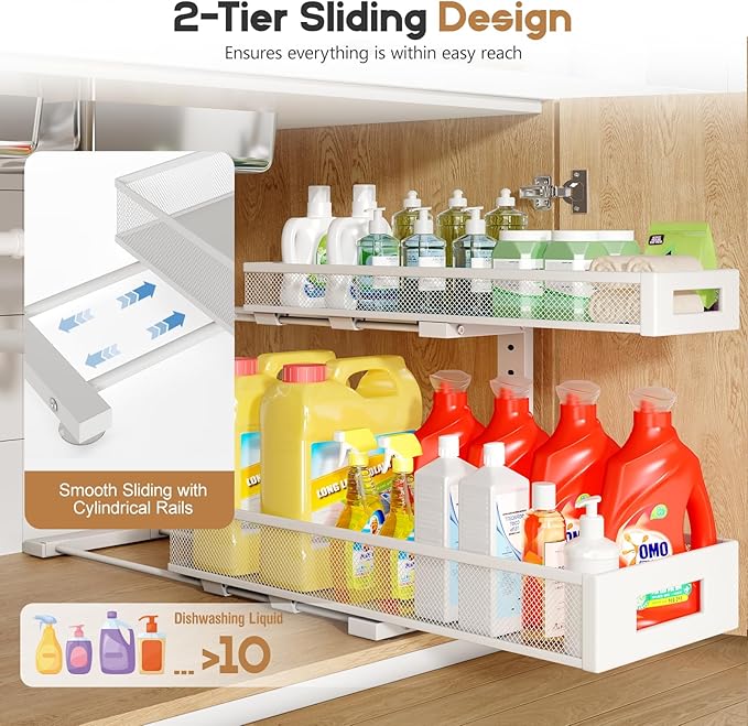 2 Pack 20.47IN Depth Under Sink Storage Organizer, Large 2-Tier Elegant Mesh Pull Out Shelf for Kitchen and Bathroom Cabinet Organization, L-Shaped and Adjustable Height Design-White - Image 4