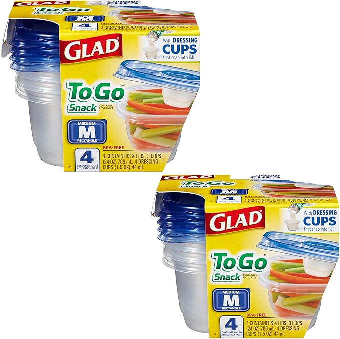 Glad GladWare To Go Snack Food Storage Containers with Lids, Medium Rectangle BPA Free Plastic with Built-In Dressing Cup for Salads and Snacks, Microwave Dishwasher Safe, 24 Oz, 4 Count - 2 Pack by GladTrashFoodStorage