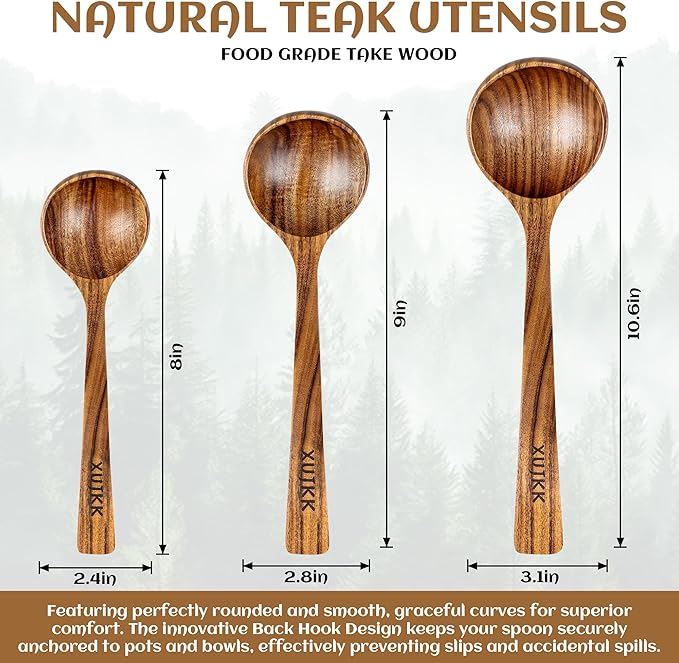Wooden Ladle for Soup, Set of 3 Natural Teak Wood Ladle with Back Hooks, Wooden Soup Ladle for Cooking, Serving and Stirring | Comfortable Grip, Heat-Resistant &Non-Stick Teak Wooden Utensil Set - Image 2
