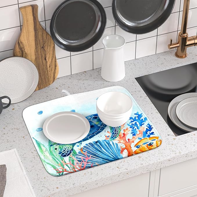 Giwawa Sea Turtle Dish Drying Mat 16x18in Watercolor Blue Tortoise Dish Drainer Mats Nautical Ocean Coral Seashell Seaweed Microfiber Dish Drying Pad for Kitchen Countertop Small Decor