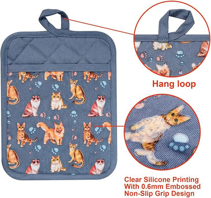 Pot Holders Set of 2 Heat Resistant 480 ℉Non Slip Clear Silicone Printed Comfortable Cotton Lining Kitchen Women Men Cooking Baking Microwave Machine Washable (Cat, Grey potholders)