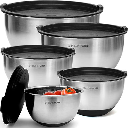 Priority Chef Premium Mixing Bowls With Lids Set, Airtight Lids, Thicker Stainless Steel, Non-Slip Base, 5 Nesting Steel Bowls for Kitchen, Large Prep Metal Bowl Set 1.5/2/3/4/5 Qt, Black by PriorityChef