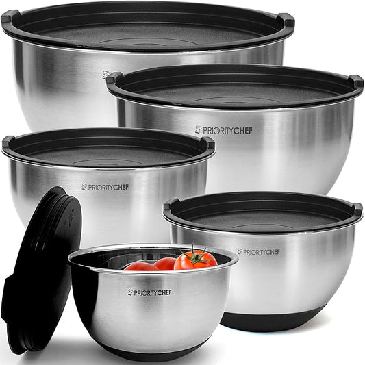 Priority Chef Premium Mixing Bowls With Lids Set, Airtight Lids, Thicker Stainless Steel, Non-Slip Base, 5 Nesting Steel Bowls for Kitchen, Large Prep Metal Bowl Set 1.5/2/3/4/5 Qt, Black by PriorityChef