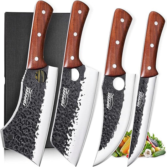 Topfeel 4PCS Meat Cleaver Set -Heavy Duty Bone Chopper & Meat Cleaver & Viking Knife & Slicing Knife, Chef Knives Set for Home Kitchen,Camping, BBQ Knives Gift for Men by Topfeel