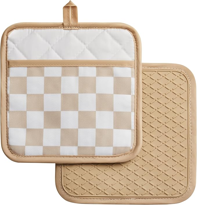 Ohocut Beige Checkered Pot Holder, Checkerboard Potholders for Kitchen, Silicone Pot Holders with Pocket for Kitchen Clearance 2 Pack Set, Hot Pads and Oven Mitts for Cooking Baking by Ohocut