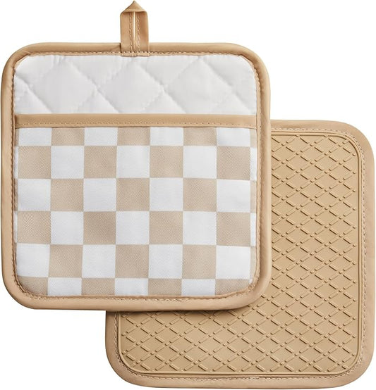 Ohocut Beige Checkered Pot Holder, Checkerboard Potholders for Kitchen, Silicone Pot Holders with Pocket for Kitchen Clearance 2 Pack Set, Hot Pads and Oven Mitts for Cooking Baking by Ohocut