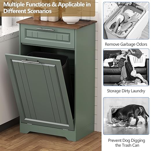 Single 10 Gallon Tilt Out Trash Can Cabinet with Deodorizing Function, Wooden Hidden Garbage Can Holder with Storage Drawers for Kitchen and Dining Room, Laundry Hamper Cabinet for Bathroom, Green