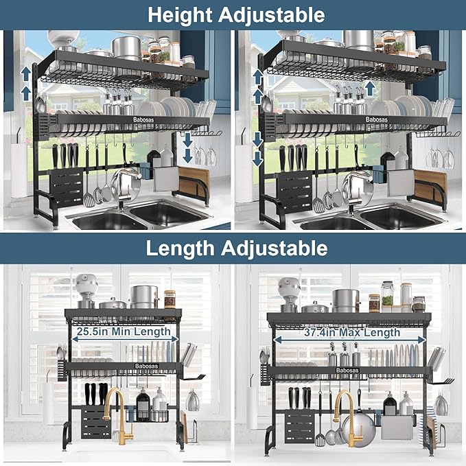 Over The Sink Dish Drying Rack,3 Tier Adjustable Length (25.5'' to 37.4'') Full Stainless Steel Large Storage Kitchen Dish Rack,for Kitchen Counter,Expandable Multifunctional Organizers,Black