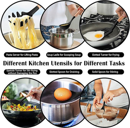 HaWare Kitchen Cooking Utensils Set, 23-Piece Silicone Kitchen Utensils Spatula Set with Holder, Heat Resistant Wooden Handle Kitchen Gadget for Nonstick Cookware, Food-grade Turner Spoon Sets (Black) - Image 5