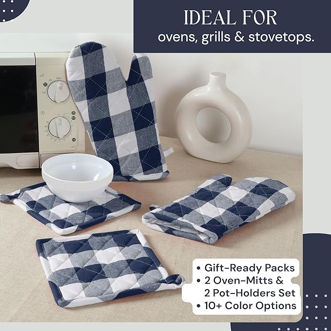 Oven Mitt & Pot Holder Buffalo Plaid Check 100% Cotton Heat Resistant Oven Gloves (7"x13") & Hot Pads (8"x8") Combo for Baking, Cooking - Navy