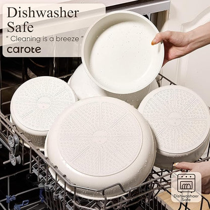 CAROTE Pots and Pans Set Non Stick, Cookware Sets, Kitchen Set, Oven/Dishwasher/Fridge Safe, Space Saving Pots Set, Nonstick Set with Versatile Detachable Handle, Induction RV Set, Cream - Image 5