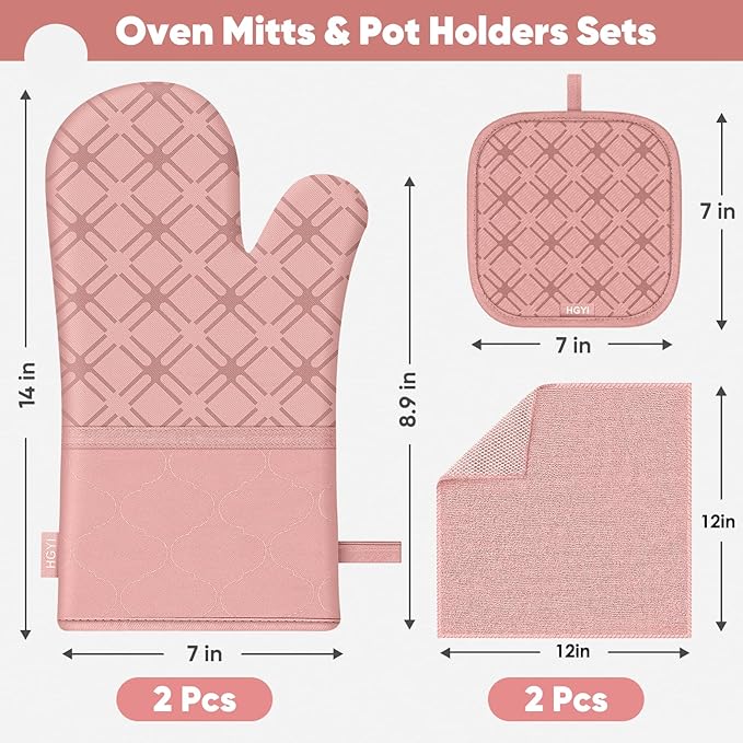 Oven Mitts and Pot Holders Set with Dishcloths, 500 Degree Heat Resistant Oven Gloves and Hot Pads, Premium Soft Cotton Kitchen Mittens and Dish Cloth Sets-Pink - Image 2
