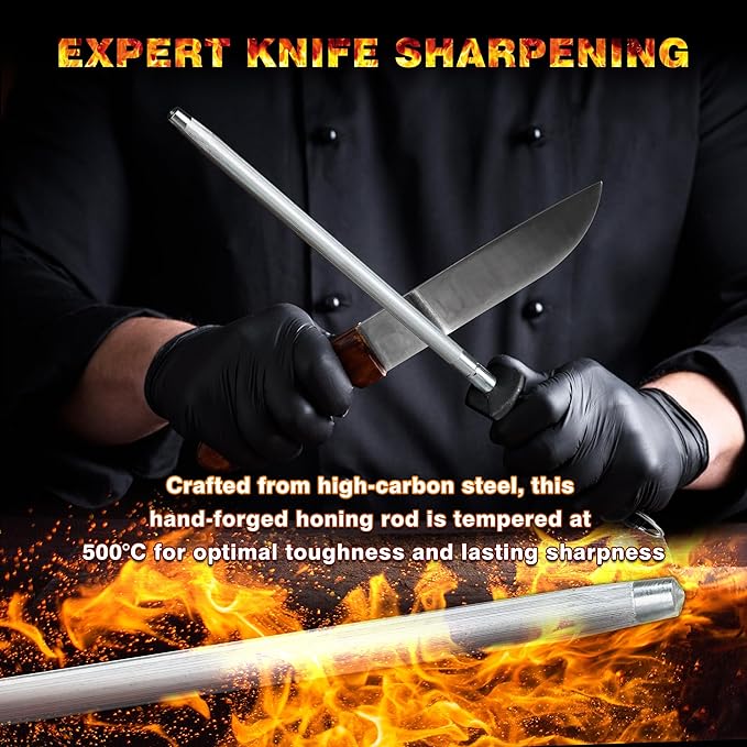 Knife Sharpener Rod, Kitchen Knives Sharpener Carbon Steel Professional Knife Sharpening Steel, Honing Rod with Hanging Holes (13 inches) - Image 2