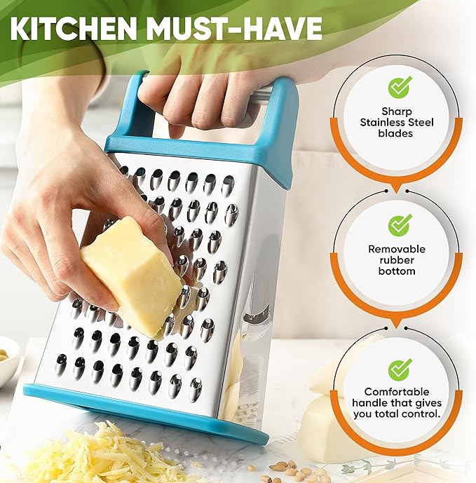 Spring Chef Handheld Stainless Steel XL Parmesan Cheese Grater with Handle - 4 Sided Metal Box Grater for Kitchen - Dishwasher Safe Potato Shredder for Hash Browns, Potato, Carrot, Vegetables - Teal - Image 3