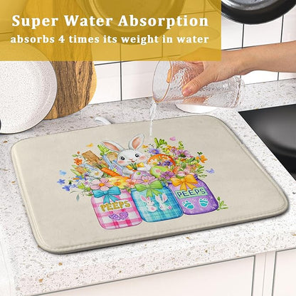 Easter Bunny Carrots Dish Drying Mat for Kitchen Counter,Spring Colorful Flowers Mason Jar Drying Mat 16 x 18 Inch with Absorbent Reversible Microfiber Drying Pad for Coffee Bar - Image 7