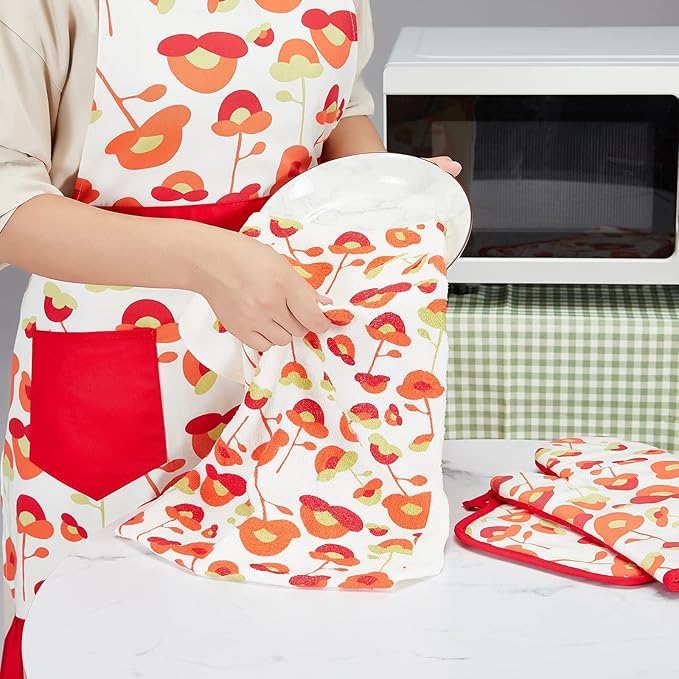Oven Mitts and Potholders Dish Towles Set 100% Cotton for Perfect for Gifting, Baking, and Everyday Cooking Durable Heat Resistant for Kitchen and Machine Washable (3-Piece Red Flower) - Image 4