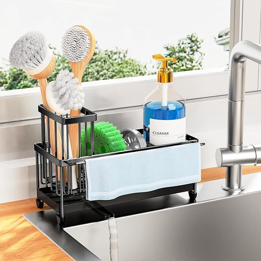 Cisily Sponge Holder for Kitchen Sink, Sink Caddy Organizer with High Brush Holder, Kitchen Countertop Organizers and Storage Essentials, Rustproof 304 Stainless Steel (Black with Towel Rack, 9.25″) by CISILYHOMELIFE