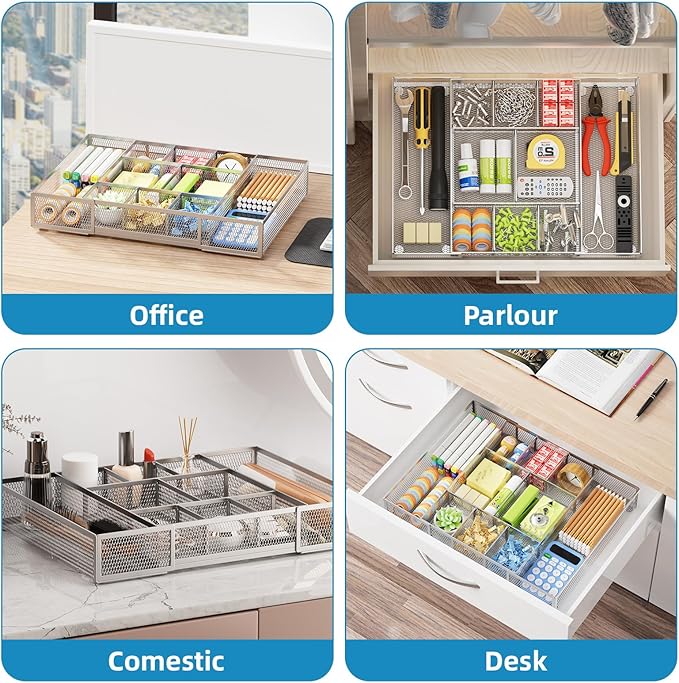 Marbrasse Expandable Desk Drawer Organizer, Mesh Tray with 10 Adjustable Compartments, Desk Organizers for Office Supplies, Makeup & Vanity (Expandable-Silver) - Image 4