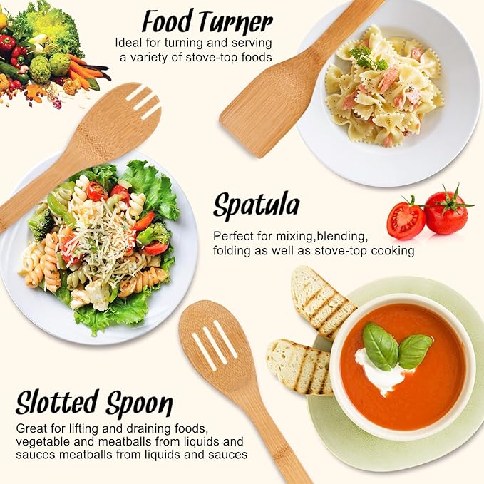 Wooden Spoons for Cooking,Heat-resistant Wood Serving Utensil Set Ideal for Kitchen Nonstick Cookware Everyday Use,Bamboo Cooking Spoon Spatula - Image 4