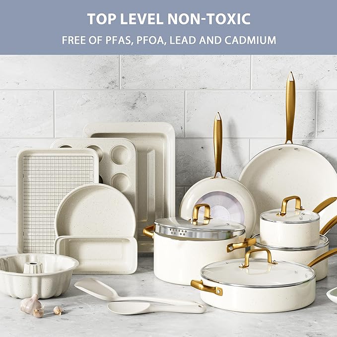 Pots and Pans Set Nonstick - Granite Cookware + Bakeware Set Kitchen Cookware Sets With Dutch Oven, Frying Pans, Saucepan, Sauté Pan, Silicone Utensils, Cookie Sheet, Baking Pan Set for Cooking Gifts - Image 6