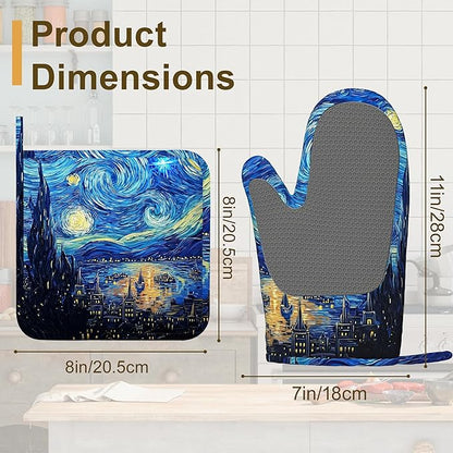 Starry Night Oven Mitts and Pot Holders Set of 4, Heat Resistant Non Slip Kitchen Gloves Hot Pads, Chef Cooking Baking Gifts for Women Bakers, Kitchen Gifts for Cooking Lover Cooks Mom