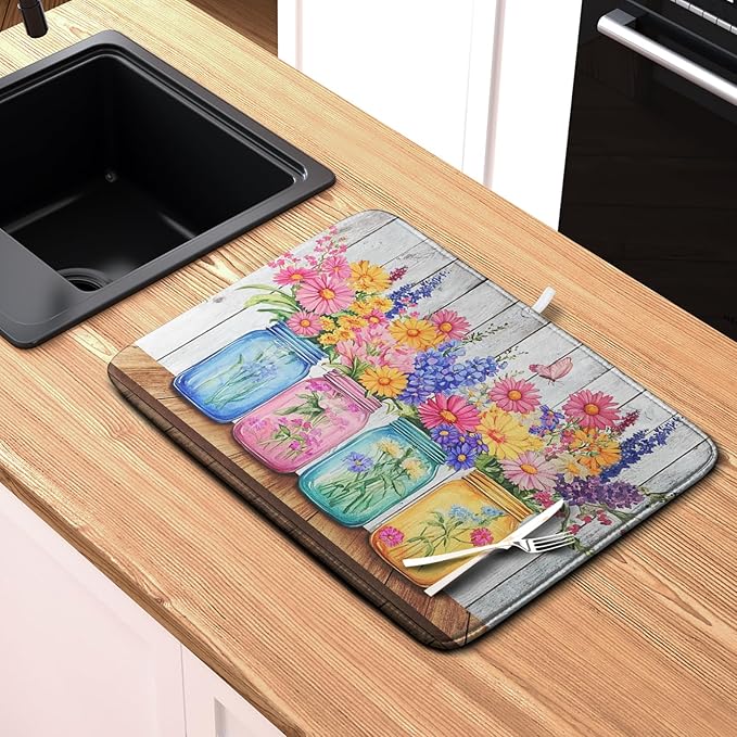 Daisy Dish Drying Mat for Kitchen Counter Spring Summer Flowers Vases Dishes Pad Microfiber Absorbent Dish Draining Mats Rustic Farmhouse Floral Wooden Board Dish Drainer Rack Mat 16x18 Inch - Image 6