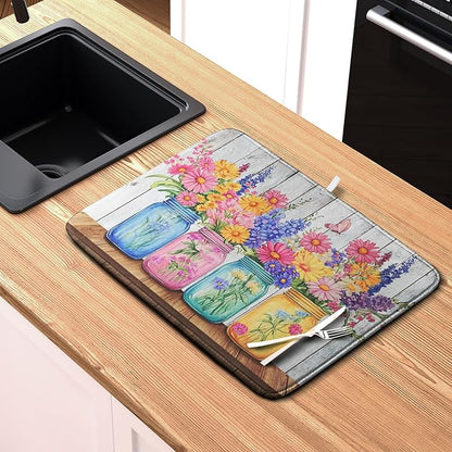 Daisy Dish Drying Mat for Kitchen Counter Spring Summer Flowers Vases Dishes Pad Microfiber Absorbent Dish Draining Mats Rustic Farmhouse Floral Wooden Board Dish Drainer Rack Mat 18x24 Inch - Image 6