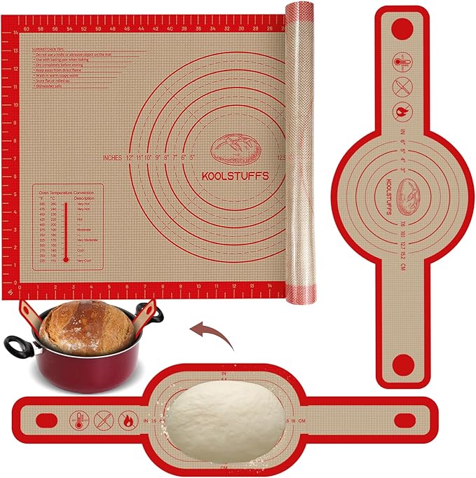 Silicone Bread Sling and Pastry Mat, 3 PCS Non-Stick & Easy Clean Reusable Silicone Bread Baking Mat with Long Handles, Easy to Transfer Sourdough Bread (Pastry Mat＆Oval and Round Bread Sling, Red) by Koolstuffs