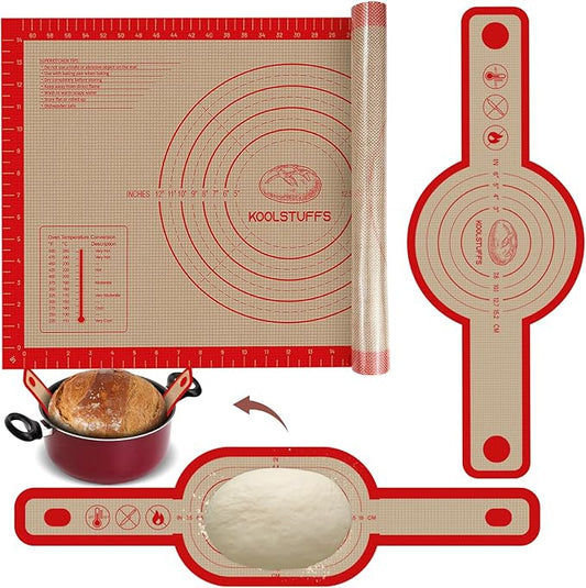 Silicone Bread Sling and Pastry Mat, 3 PCS Non-Stick & Easy Clean Reusable Silicone Bread Baking Mat with Long Handles, Easy to Transfer Sourdough Bread (Pastry Mat＆Oval and Round Bread Sling, Red) by Koolstuffs