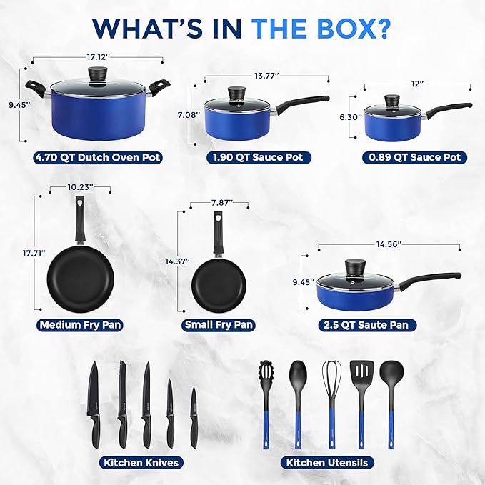 SereneLife 20-Piece Blue Cookware Set with Knives - Includes Multi-Sized Pots and Pans Set Non stick with Lids and Utensils, Heat Resistant, Dishwasher Safe - Image 3