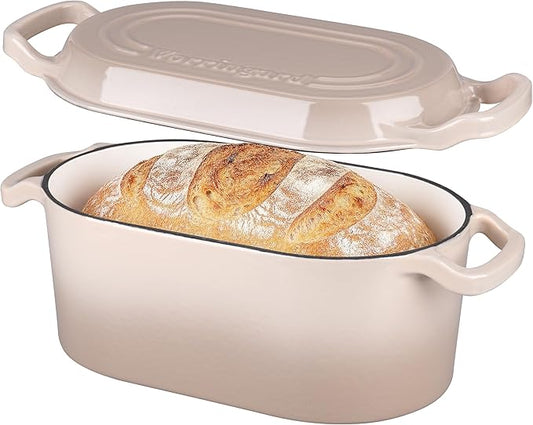 VORRINGARD Oval Dutch Oven Pot with Lid, Enamel Coating Cast Iron Bread Pans for Homemade Sourdough Bread Baking, Cooking, 4 Quart, Latte