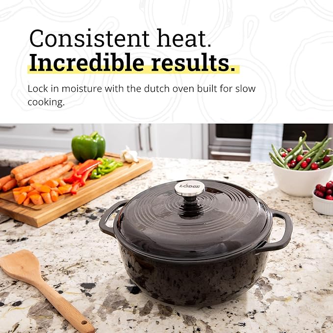Lodge Essential Enamel Cast Iron Dutch Oven - Perfect for Bread Baking, Braising, Marinating & Slow Cooking - Features Moisture-Sealing Lid & Dual Handles - Kitchen Essentials - 6 Quarts - Midnight Chrome - Image 3