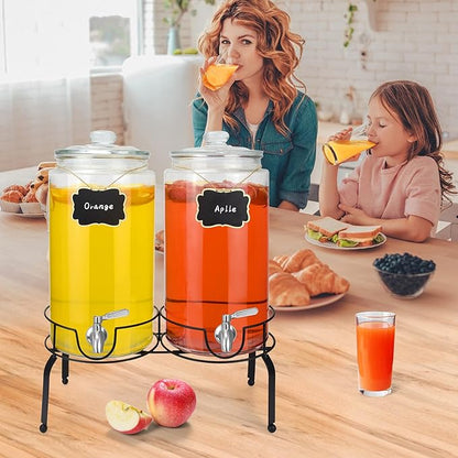 2 Gallon Beverage Dispenser 2 Pack, Stainless Steel Spigot Drink Dispenser for Parties with Stand, Clear Glass Drink Container Easy to Refill and Clean