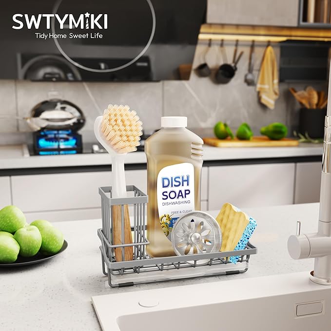 SWTYMIKI Sink Caddy Sponge Holder - Kitchen Sink Organizer with High Brush Holder for Countertop to Hold Dish Soaps and Sponges, Stainless Steel, Gray - Image 5