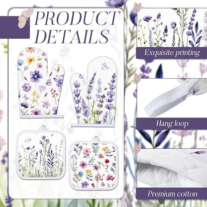 Spring Lavender Oven Mitts and Pot Holders Kitchen Dish Towels Set Purple Flower Spring Kitchen Towels and Dishcloths for Baking Cooking Women BBQ Grilling Hand Dish Gifts