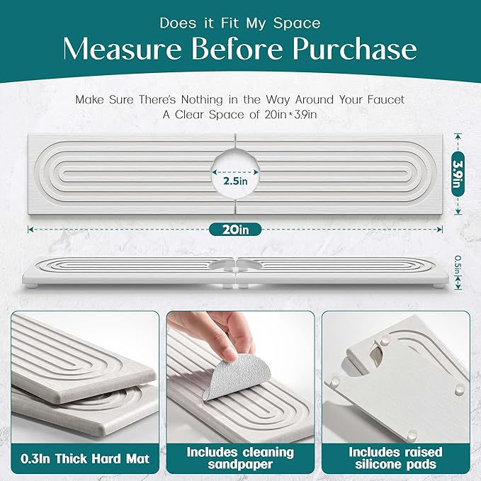 Eormoe Stone Faucet Mat for Kitchen Sink – Diatomite Drying Stone Mat & Sink Protector, Prevents Moisture – Sink Splash Guard Water-Absorbing Stone Tray for Bathroom Counter (Light Grey, 20" x 3.9") - Image 2