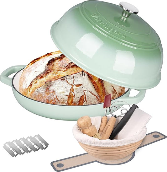 VORRINGARD Enameled Cast Iron Dutch Oven Pot with Lid, Bread Oven for Sourdough Bread Baking, Dutch Ovens with Bread Proofing Basket& Baking Supplies Set, 6 Quart, Green