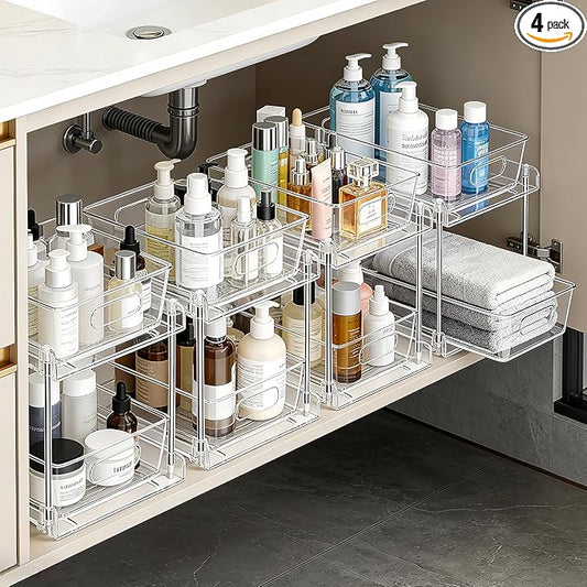2 Tier Under Sink Organizer Bathroom Organizers and Storage, Clear Stackable Bathroom Cabinet Organizer, Multipurpose Pull-Out Home Organizer for Kitchen and Pantry Storage 4 Pack