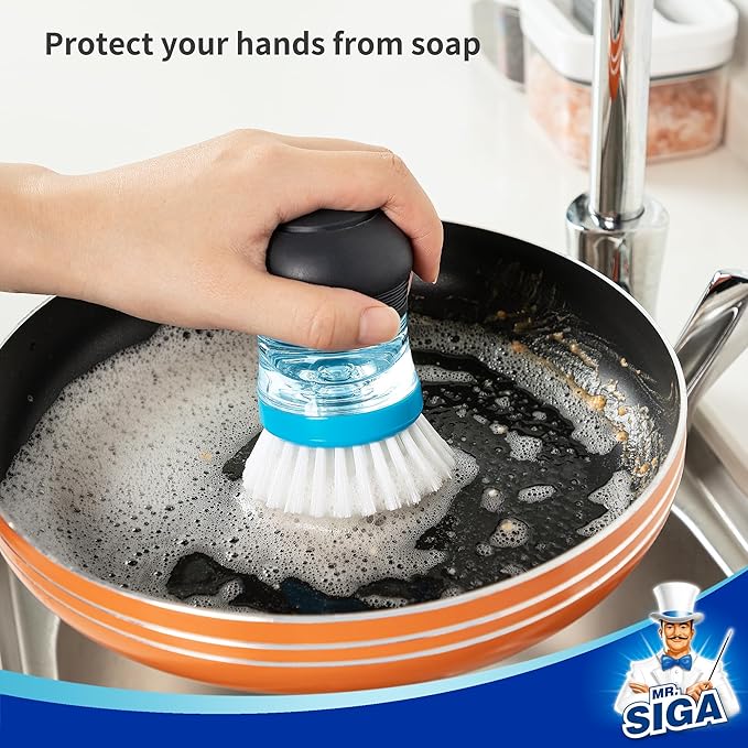MR.SIGA Soap Dispensing Palm Brush, Kitchen Brush for Dish Pot Pan Sink Cleaning, Pack of 1, Navy/Blue