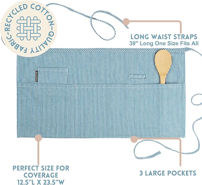 MEEMA Chef Waist Apron Cotton Fabric |Washable & Breathable Waitress & Server Half Aprons for Women with Pockets & Long Waist Straps | Cooking, Baking, Grilling & Crafting